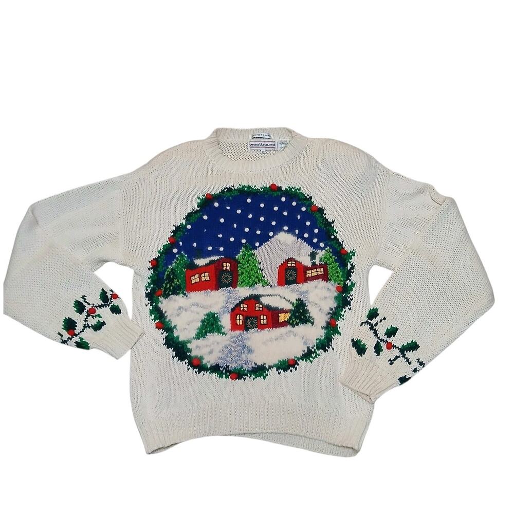 Vintage Westbound Hand‎ Knit Christmas Sweater M Winter Village Scene Holiday